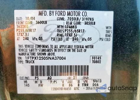 2005 Ford F150 из США, поврежденный, VIN 1FTPX12505NA37004